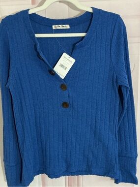 Free People Sapphire Blue Ribbed Henley Sweater